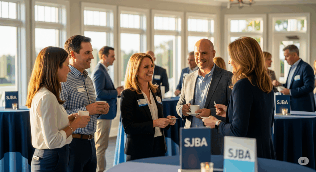 South Jersey professionals exchanging cards at an SJBA breakfast networking event