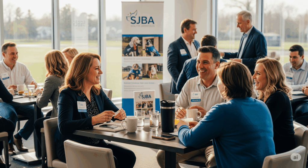 South Jersey business owners networking at a morning SJBA meeting, exchanging cards and building local connections.